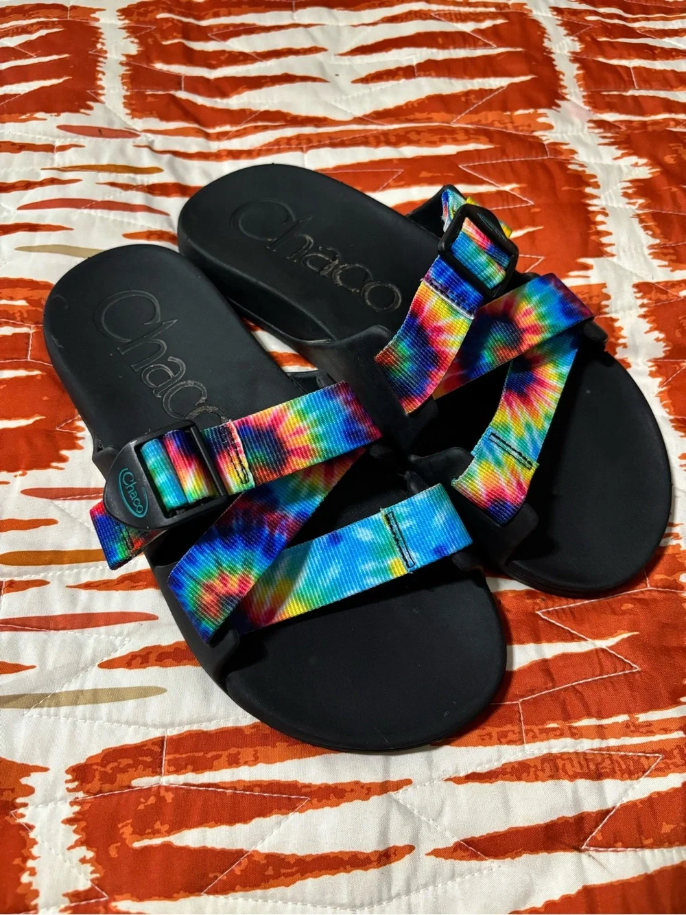 Chaco Slides w/ Tie-Dye Rainbow Straps (M8/W9.5)